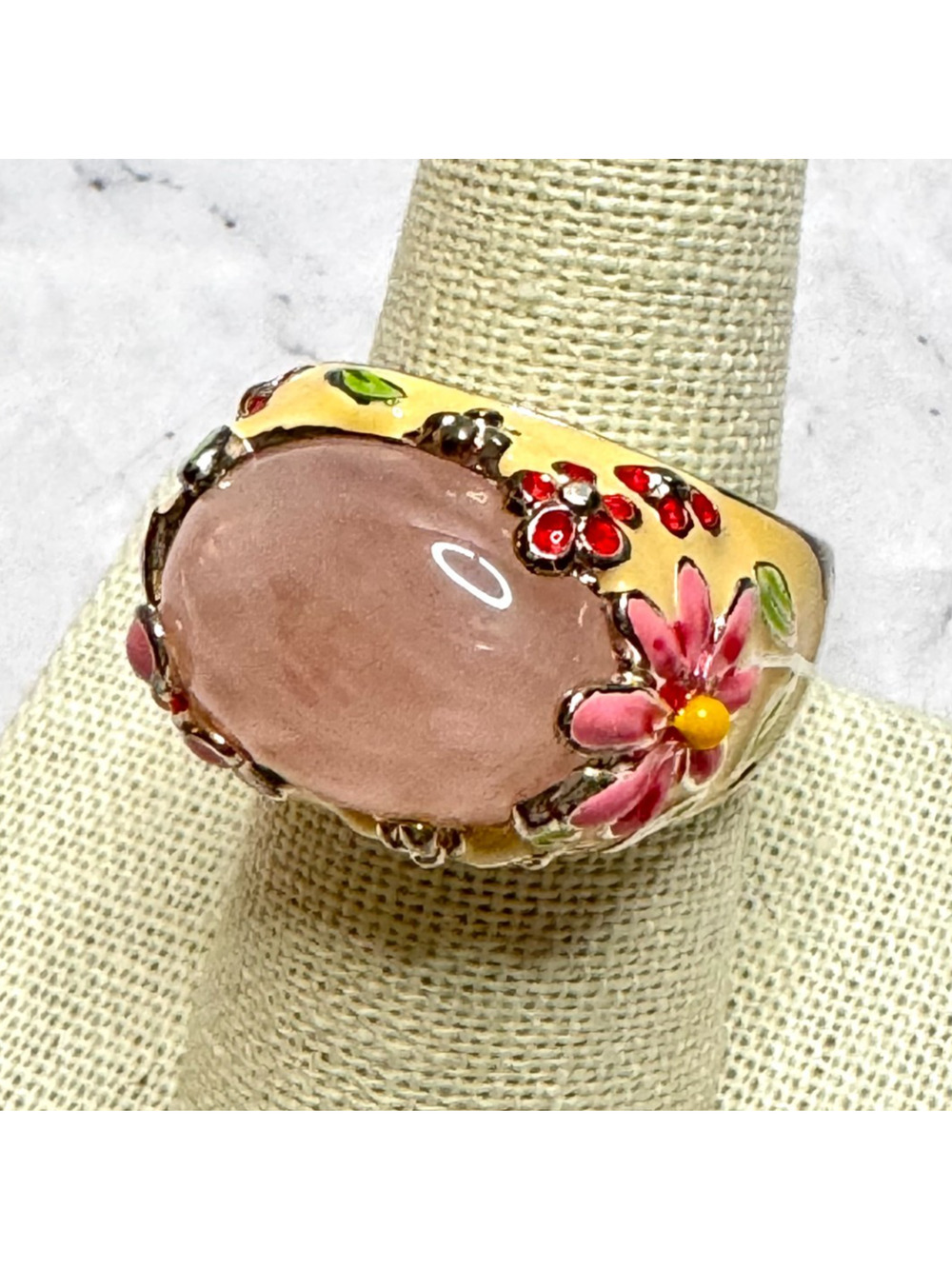 Vtg David Sigal Rose Quartz Ring 925 Silver Yellow Enamel Floral Cab Sz 9 QVC